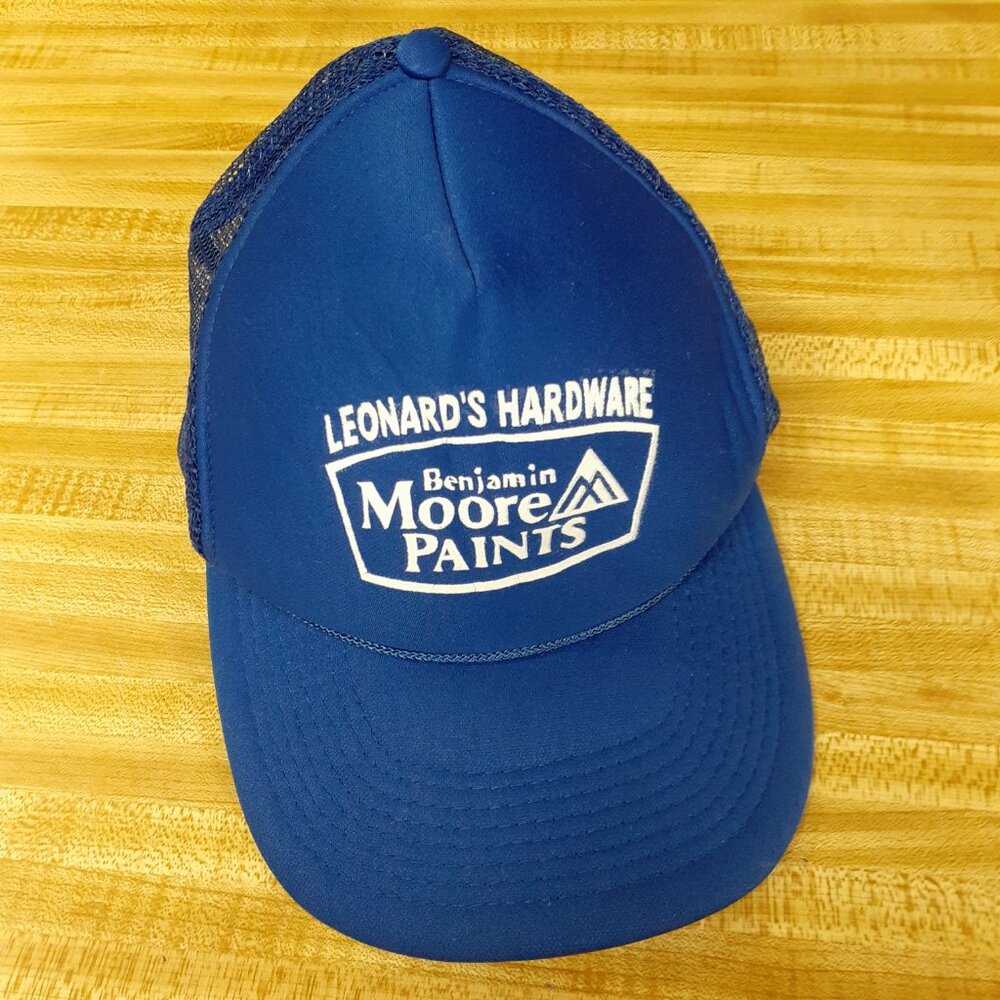 Leonard's Hardware Benjamin Moore Paints Cobra Caps Trucker Hat Blue Snapback